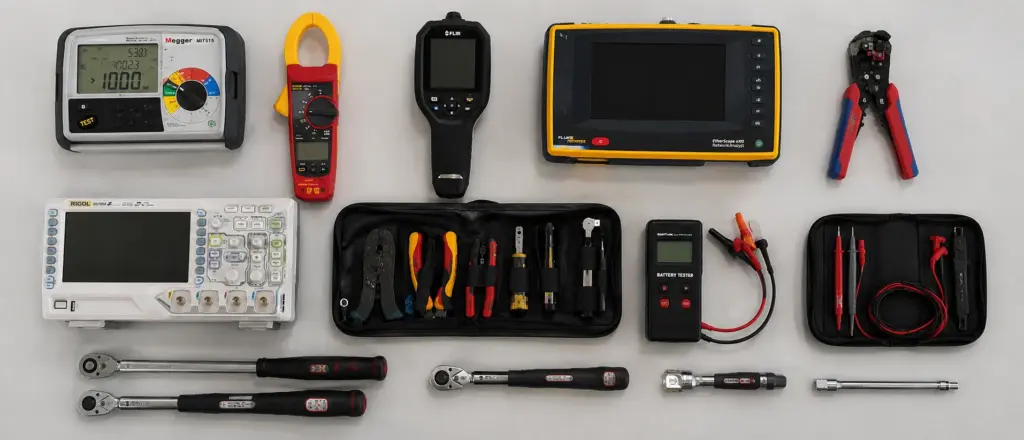 Messtechnik für Schiffselektrik nebeneinander ausgelegt: Isolationsmessgerät, Stromzange, Wärmebildkamera, Netzwerkanalysator, Oszilloskop, Presswerkzeug und Drehmomentschlüssel sowie ein Batterietester