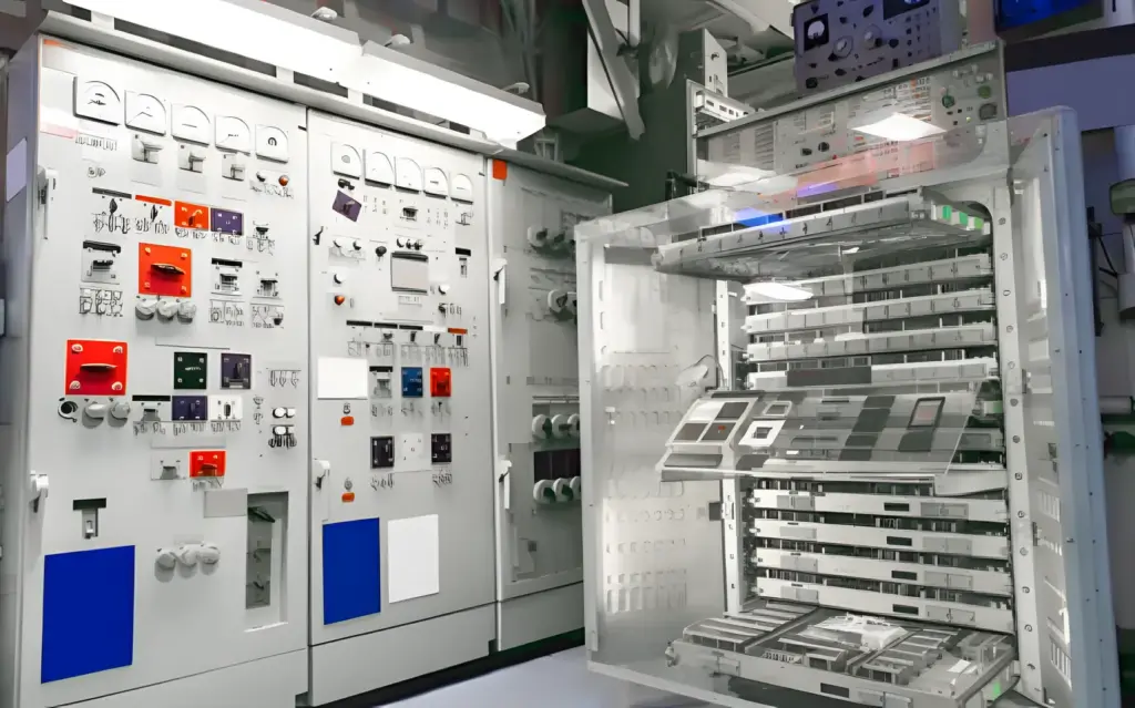 Main switchboard panels with an open cabinet of control modules