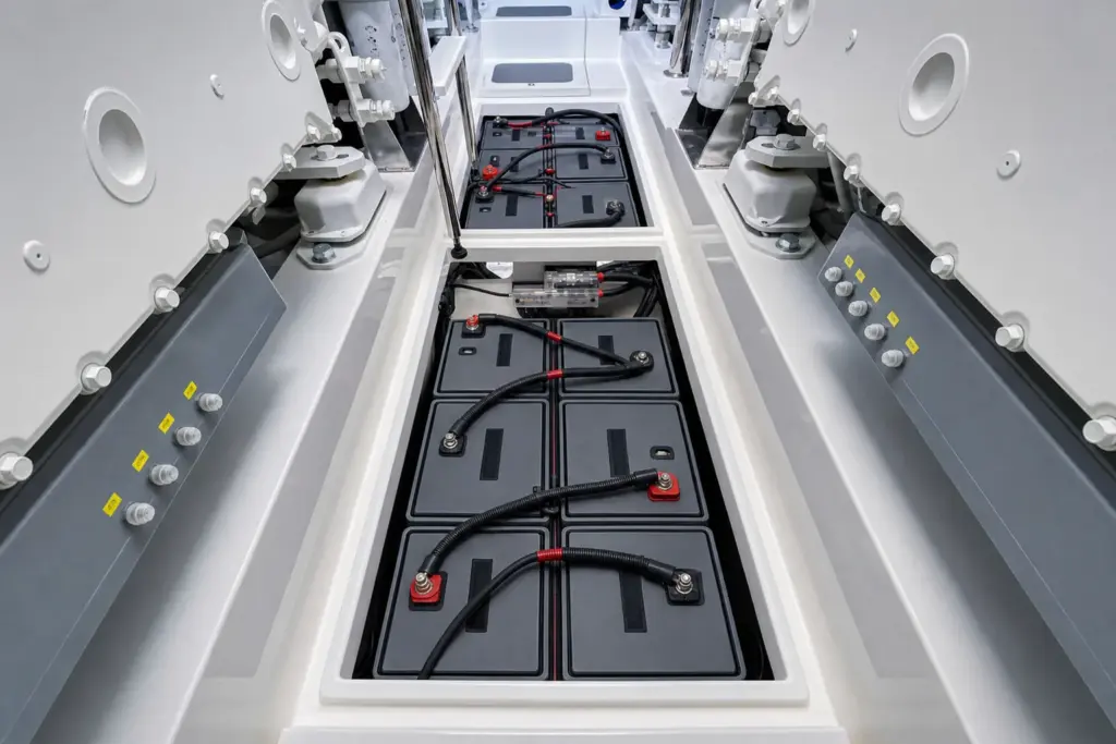 Batteriefach einer Yacht: geschlossene AGM-Blei-Säure-Blöcke mit isolierten Polabdeckungen, Verbinder großen Querschnitts und darüber ein Sicherungsblock.