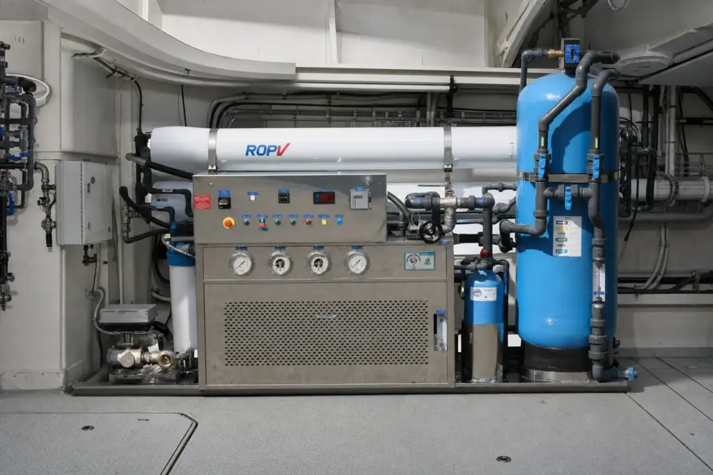 Reverse-osmosis watermaker skid in a vessel machinery space: control panel with gauges, pressure vessels and pipework, deck plating and cable runs behind.