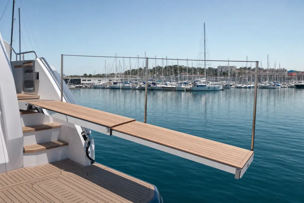Hydraulic passarelle extended from a motor yacht's transom over the water at a marina berth, teak swim platform and steps in the foreground