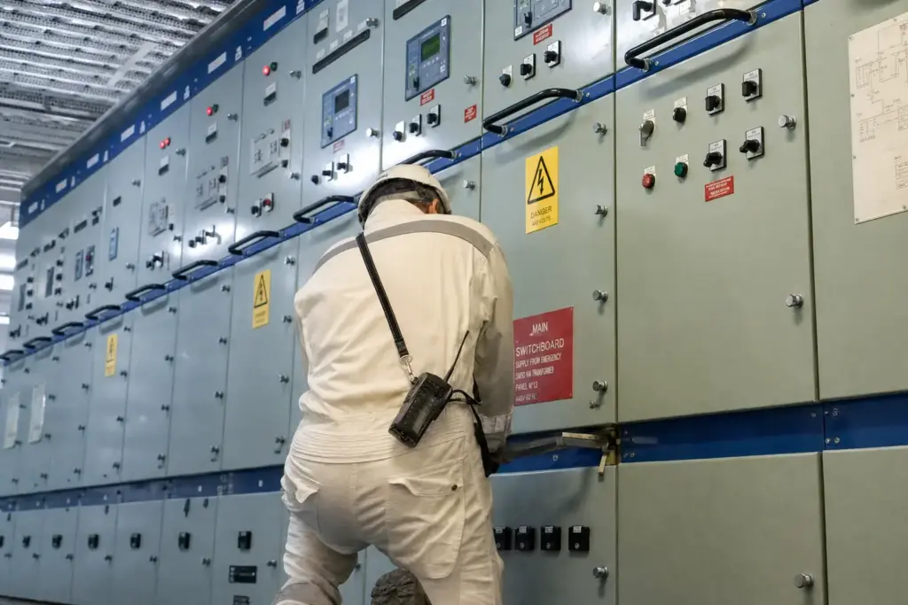 Elektrohertz engineer working at a ship's main switchboard lineup in the engine control room