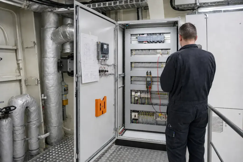 Engineer at an open PLC control cabinet in a ship's engine control space, multimeter hung on the frame with test leads on a terminal strip