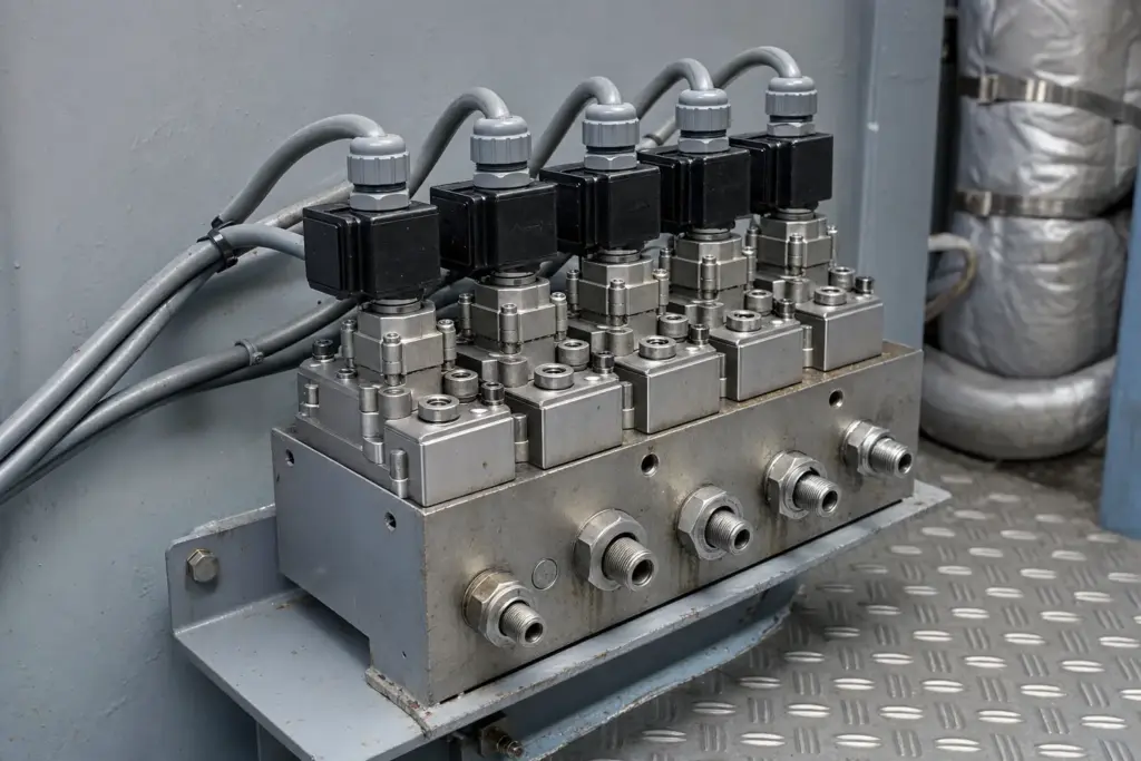 Bank of five hydraulic solenoid valves on a common manifold, bracket-mounted against a bulkhead in a ship's machinery space