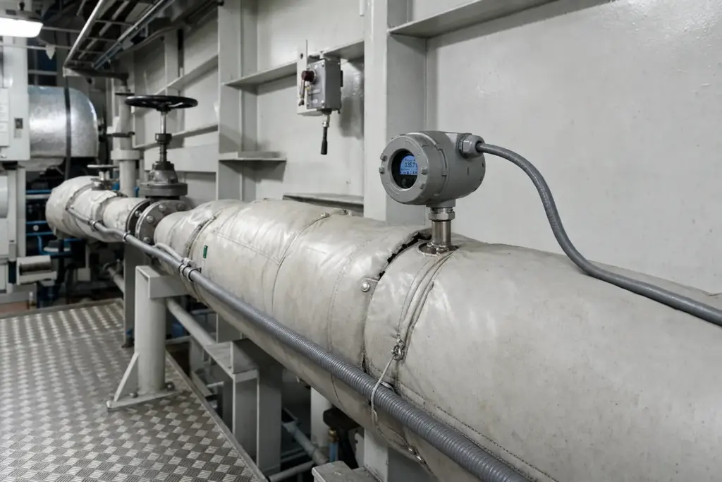 Field-mounted temperature transmitter on lagged pipework in a ship's engine room, grey cast housing with digital display