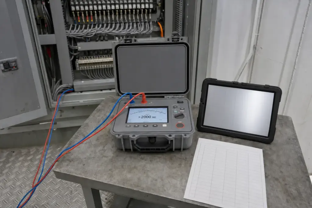 Insulation resistance tester in its case on a workbench beside an open switchboard, test leads connected and a record sheet alongside