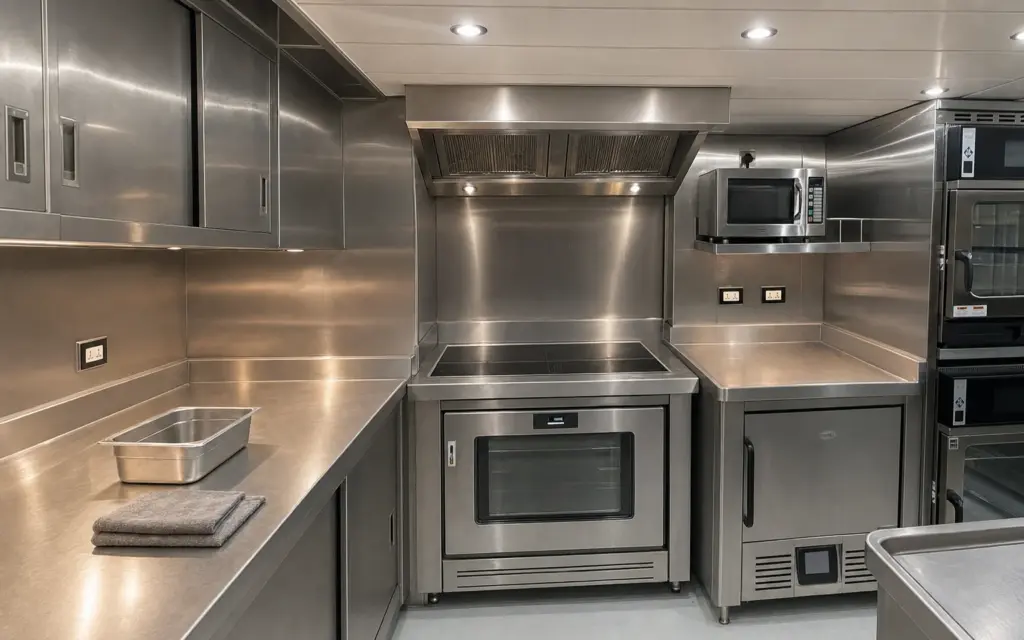 Stainless combination steam oven in its galley housing beneath an induction hob, extraction canopy and grease filters above, worktops clear except for a gastronorm container and a folded cloth