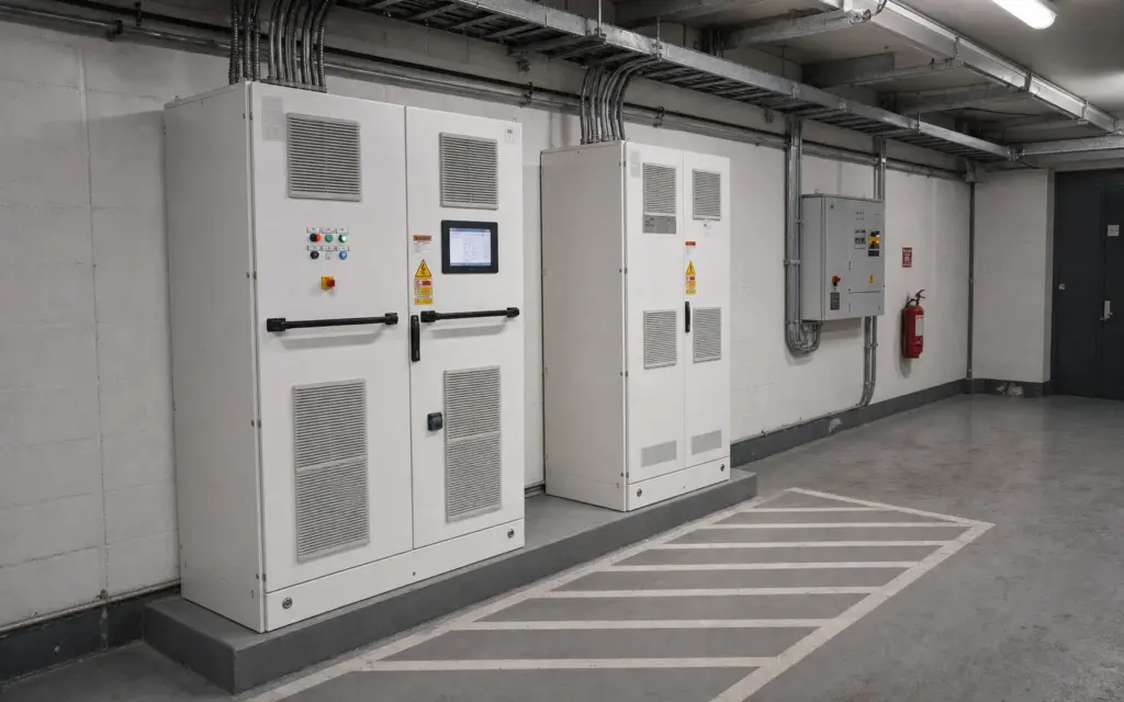 Two white switchgear and UPS cabinets installed on a plinth in a building plant room, armoured cables dropped from an overhead cable tray and dressed into the top of each cabinet, with a wall-mounted distribution board and a fire extinguisher further along the wall
