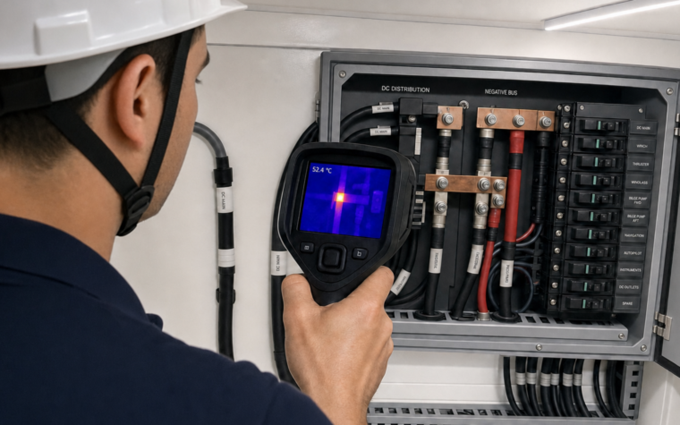 Technician in a white safety helmet and navy work polo holding a thermal imaging camera to an open DC distribution panel on a modern yacht, the screen showing a cold blue field with one busbar termination glowing yellow-white, readout 52.4 °C.