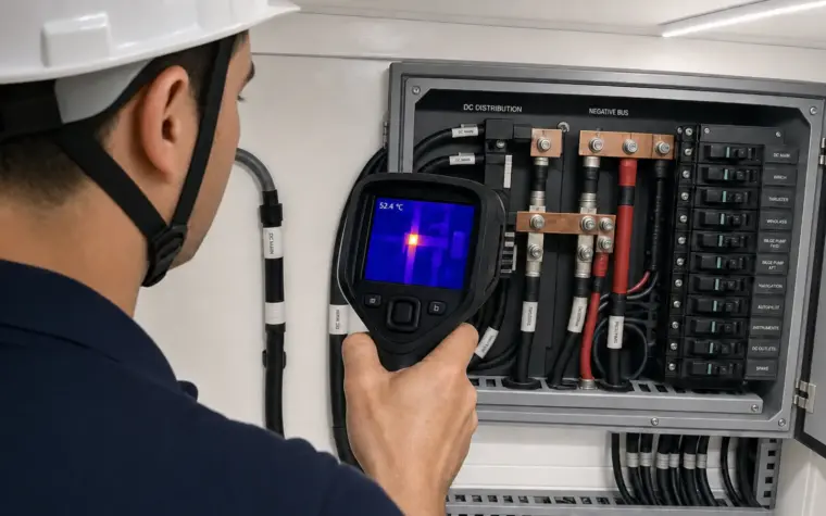 Technician in a white safety helmet and navy work polo holding a thermal imaging camera to an open DC distribution panel on a modern yacht, the screen showing a cold blue field with one busbar termination glowing yellow-white, readout 52.4 °C.