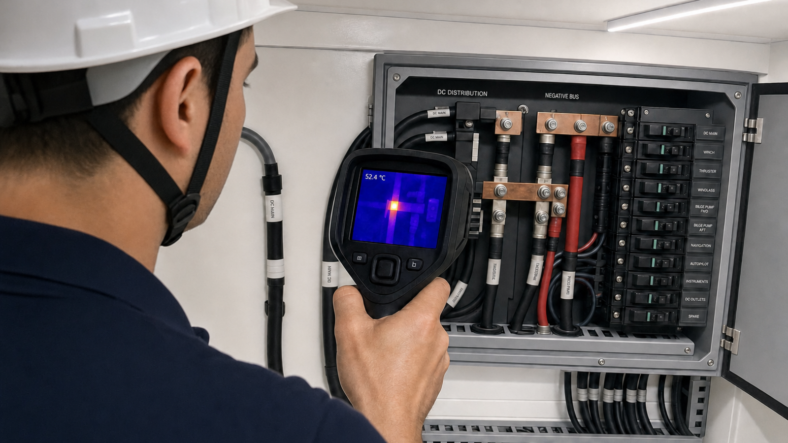 Technician in a white safety helmet and navy work polo holding a thermal imaging camera to an open DC distribution panel on a modern yacht, the screen showing a cold blue field with one busbar termination glowing yellow-white, readout 52.4 °C.